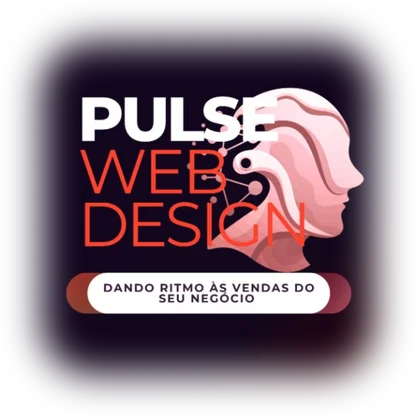 Logo da Pulse Web Design: rosto estilizado em tons rosados, nome da marca em branco e coral e o slogan Dando ritmo às vendas do seu negócio